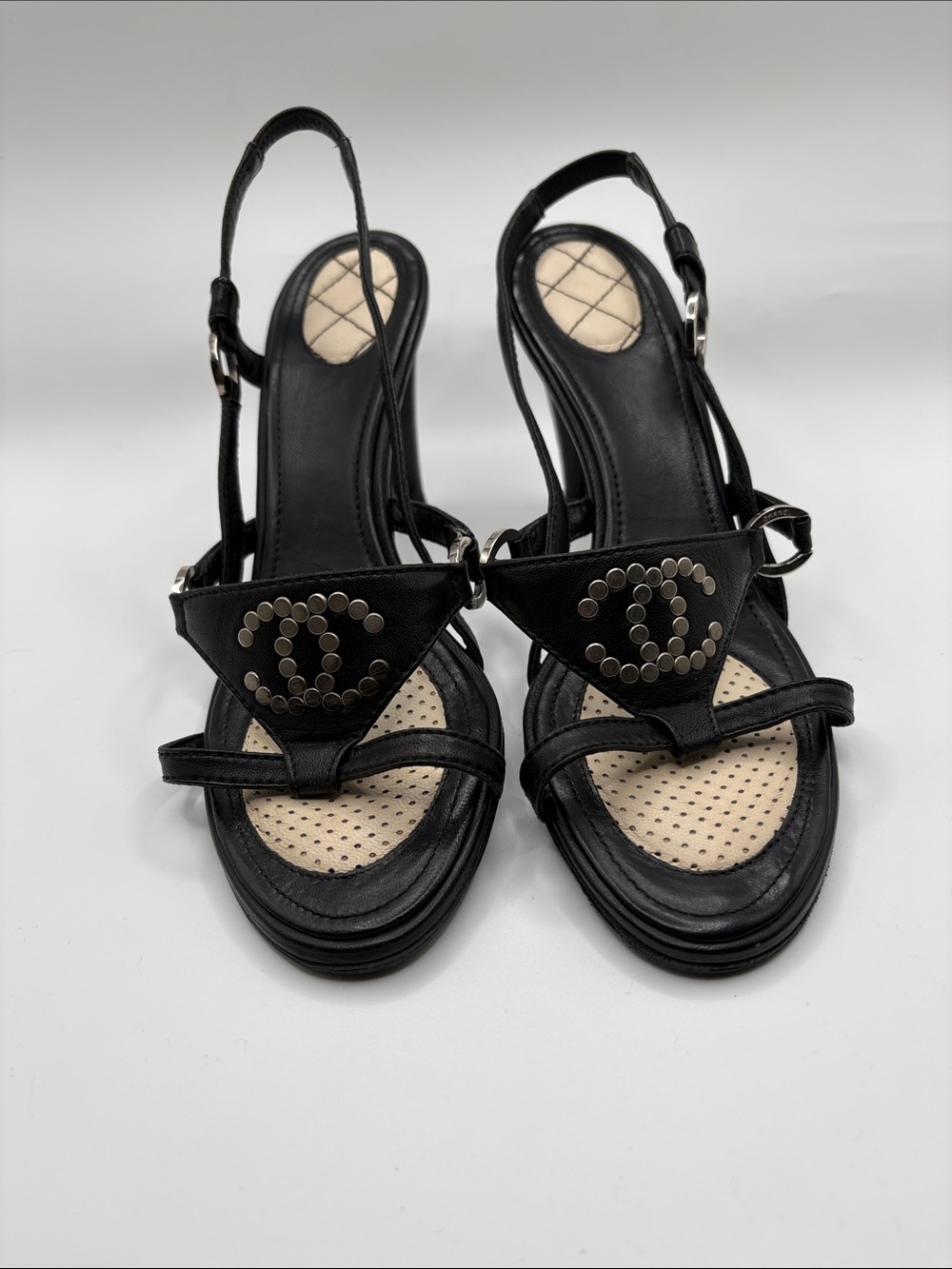 CHANEL Black Studded Slingback Sandals with Beige Insole